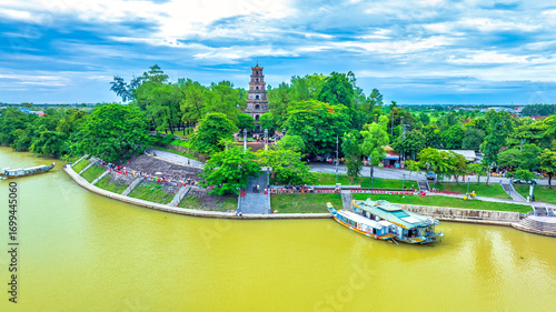 Aerial view of Thien Mu Pagoda is one of the ancient pagoda in Hue city, Vietnam. It is located on the banks of the Perfume River in Vietnam's historic city of Hue.