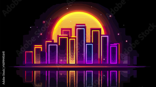 Neon city skyline at sunset