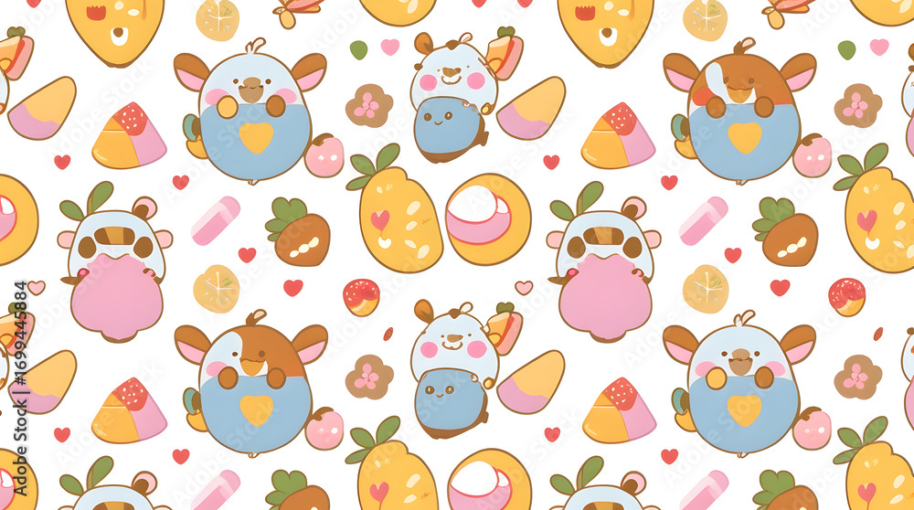 Adorable seamless pattern featuring kawaii animals, fruits, and sweets. Perfect for kids' products, branding, social media, and websites. Features a minimalist, healthy lifestyle aesthetic. Adorable seamless pattern featuring kawaii animals, fruits, and sweets. Perfect for kids' products, branding, social media, and websites. Features a minimalist, healthy lifestyle aesthetic.
