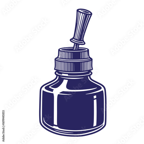 Vector illustration of a classic ink bottle and dipping pen stylized dark blue graphic
