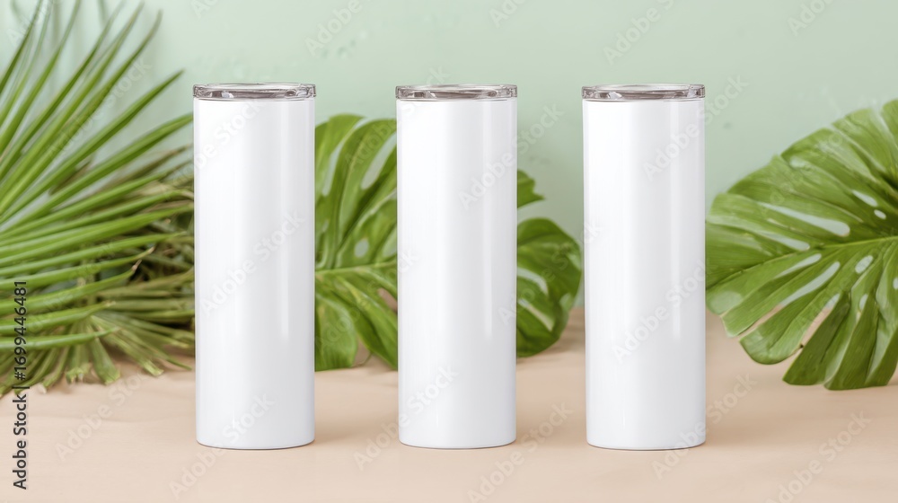Fototapeta premium Blank White Tumbler Mockup on Wooden Table with Background