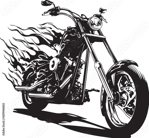 Illustration of a vintage chopper motorcycle with flames
