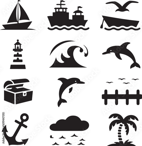 Nautical Icons Set With Sailboat Ship Lighthouse Dolphin And Anchor Keywords: sailboat, ship, boat