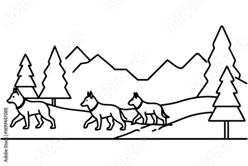line art People riding dog sled in snowy arctic landscape, vector illustration