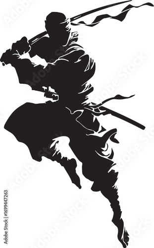Vector art of silhouette of a ninja warrior with swords in action
