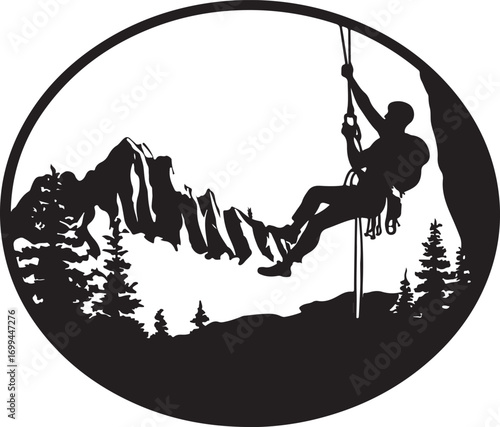 Vector art of silhouette of a climber rappelling down a mountain in a circle
