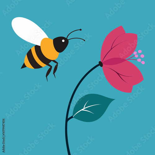 A stylized bee flies towards a vibrant pink flower on a teal background