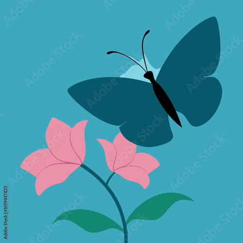 A stylized blue butterfly hovers over delicate pink flowers against a vibrant teal background