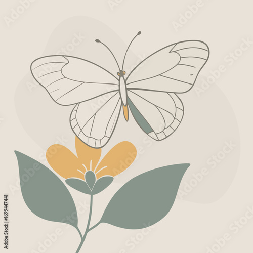 Minimalist line art of a delicate butterfly hovering over a simple yellow flower and green leaves