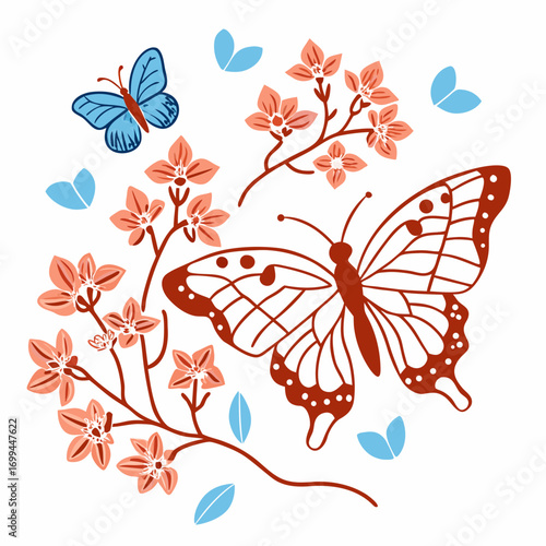 Delicate butterflies flutter among coral blossoms and blue leaves on a white background