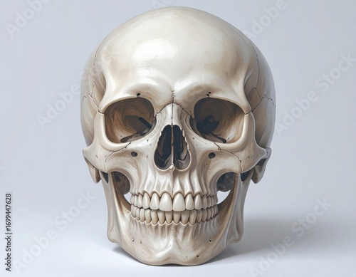 Anatomical Human Skull Model in Detailed Bone Structure Against Light Background