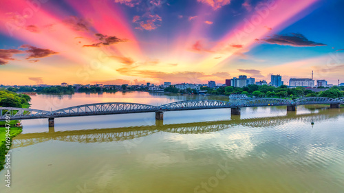 Bild auf Leinwand Aerial view of dawn sunrise at Trang Tien Bridge in Hue, Vietnam