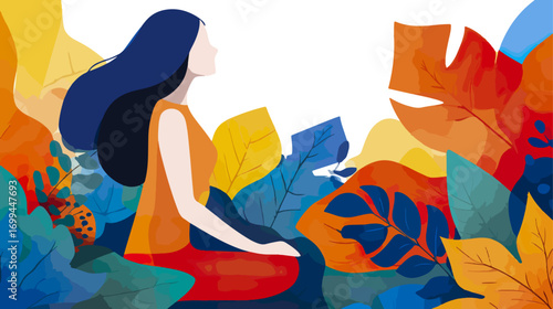Woman sitting among colorful leaves