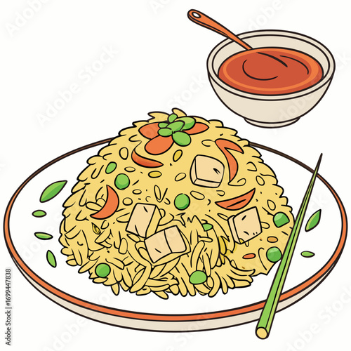 Delicious cartoon illustration of fried rice with tofu peas carrots and a side of sauce