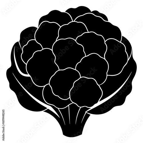 Stylized black silhouette of a fresh cauliflower with green leaves on a white background