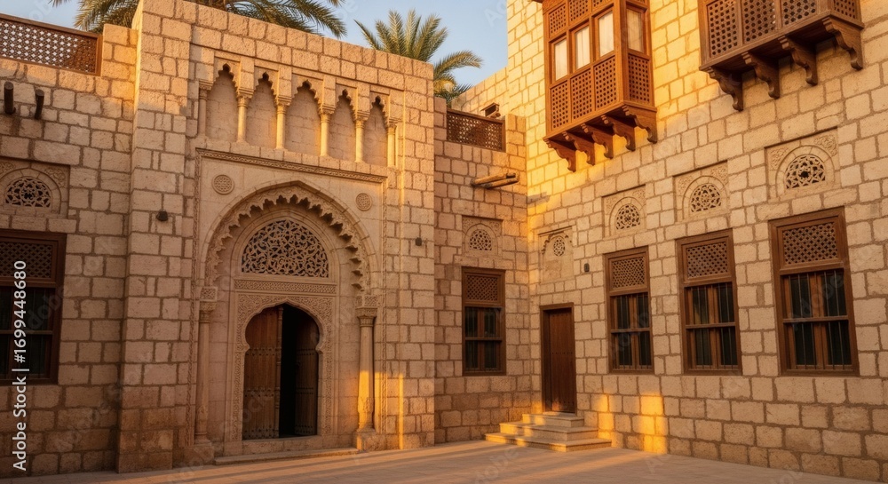 Obraz premium Traditional Arabic Architecture in Dubai Courtyard and Stone Buildings