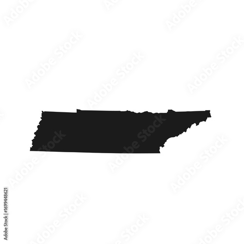 Black silhouette map of the state of Tennessee on a white background.