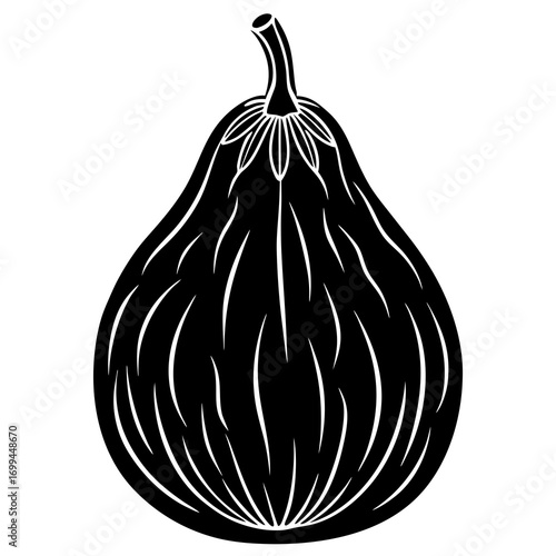 Stylized black silhouette of a ripe fig with a textured skin and stem on a white background