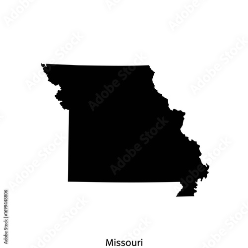 Black silhouette map of the state of Missouri on a white background, with its name written below.