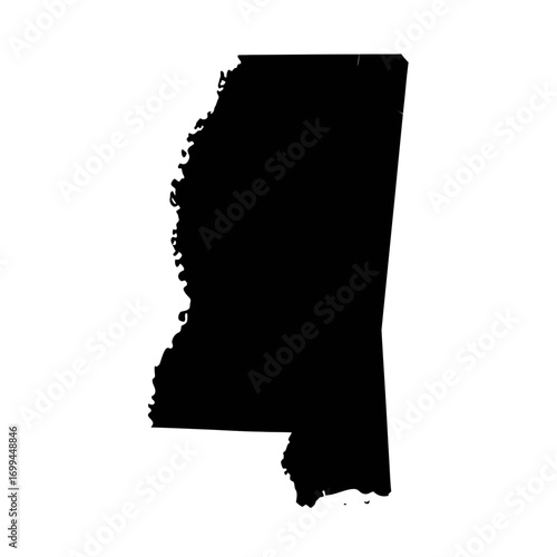 Black silhouette map of the US state of Mississippi, isolated on a white background, representing its geographical shape.