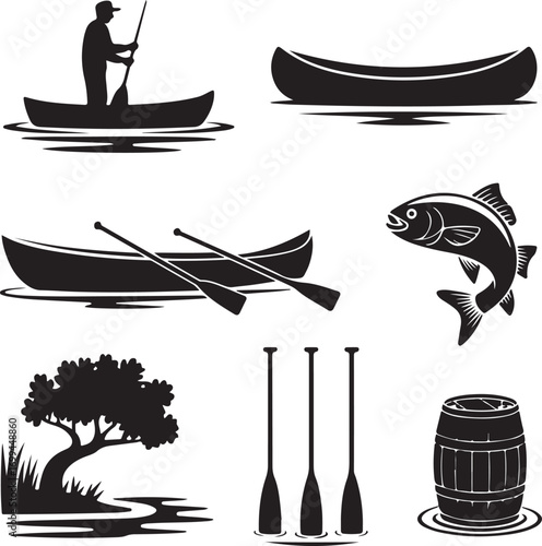 Silhouette Collection Of Canoeing And Fishing Elements Keywords: canoe, kayak, paddle, oars, boat
