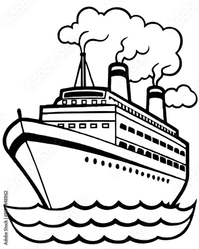 Stylized black and white illustration of a large passenger ship sailing on wavy water with smoke billowing from its funnels