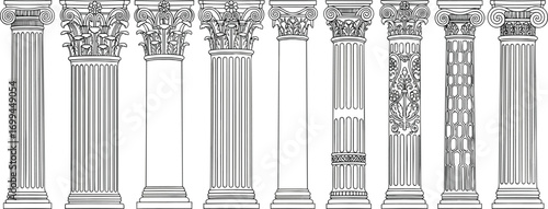 Set of classical architectural columns, detailed black and white line art, Corinthian, Ionic, Doric styles, ancient Greek Roman design
