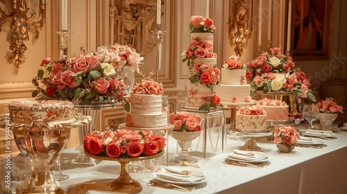 Luxury Event Dessert Table with Cakes and Roses