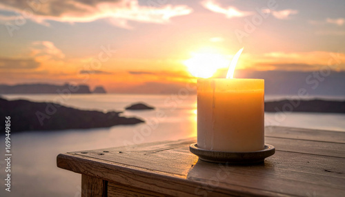 Breathtaking Ocean View from a Table with a Warmly Lit Candle