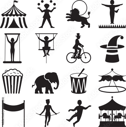 Circus performance and entertainment icons collection Keywords: circus tent, juggler, lion, acrobat