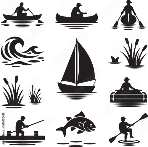 Water sports and fishing icons collection Keywords: canoe, kayak, rowing boat, sailboat, wave