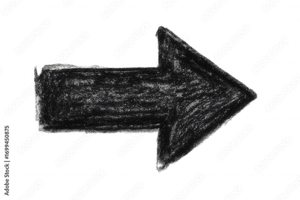 Fototapeta premium Black arrow pointing to the right, drawn with charcoal on a transparent background, ideal for indicating direction