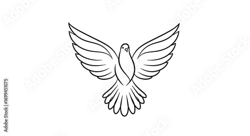A stylized line art vector of a dove with elegant curves and flowing wings, centered on a clean white background
