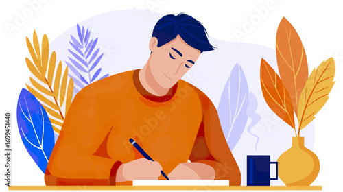 Person writing at desk with plants