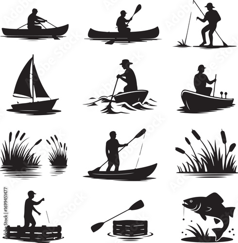 Fishing and Boating Activities Silhouette Collection Keywords: canoe, kayaking, rowing, fishing