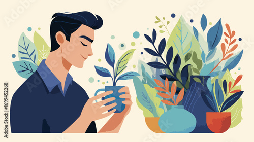 Man appreciating plants in decorative pots