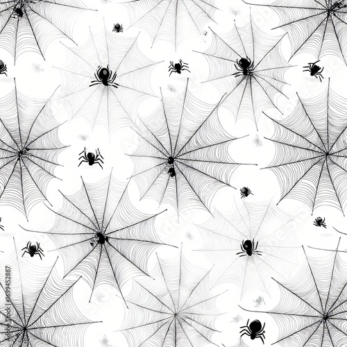 Seamless Halloween Pattern Spooky Spiderwebs and Spiders on White Background