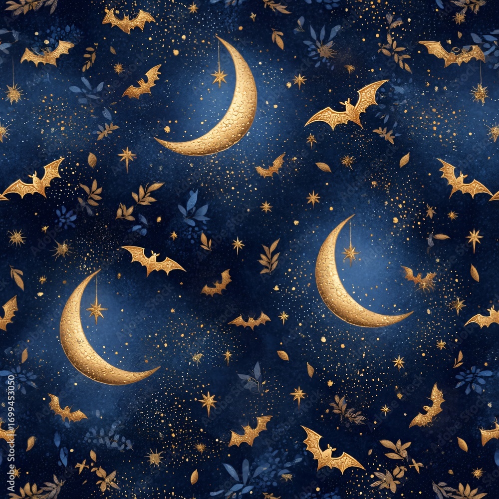 Naklejka premium Elegant Gold Bats Crescent Moons and Stars Night Sky Seamless Pattern Halloween Design