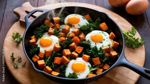 A delicious and healthy breakfast hash with fried eggs, kale, and sweet potatoes steaming in a cast iron skillet