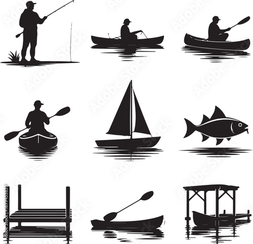 Water Sports And Fishing Silhouettes On Water fisherman reel