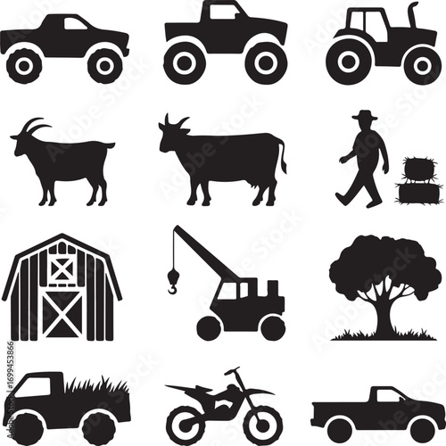 Farm Animals Vehicles And Barn Silhouettes Collection truck pickup
