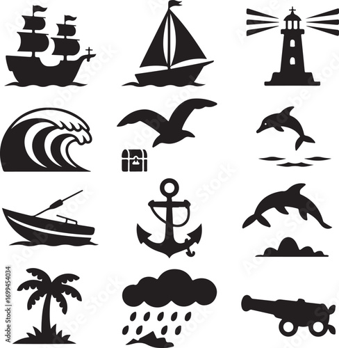 Nautical And Maritime Silhouettes With Lighthouse And Ship sailing ship galleon