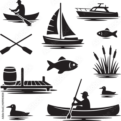 Nautical and Outdoor Recreation Silhouettes Collection Keywords: canoe, kayaking, rowing, sailboat
