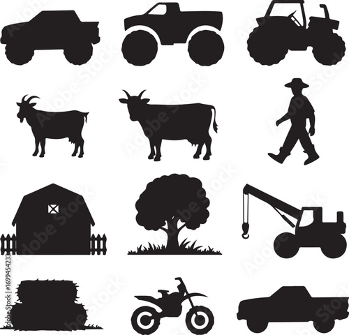 Farm and Rural Transportation Silhouettes Collection Keywords: pickup truck, monster truck, tractor