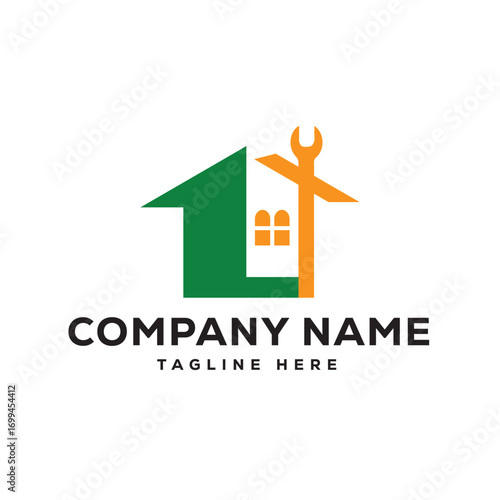 Real estate company logo design with house roof building and home property symbol