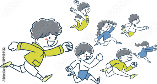 目標に向かって走る子供たちのシンプルでおしゃれな線画イラスト素材
