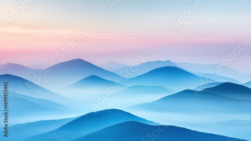 Mountaintop sunset fog concept. Serene mountain landscape with soft gradient colors and misty hills.