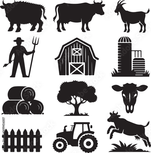 Farm Life Silhouettes Including Animals Barn Tractor And Farmer Keywords: cow, bull, cattle, calf