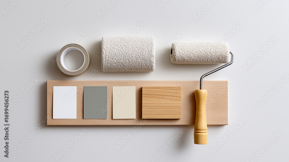 Obraz premium Minimalist composition of paint roller and color samples symbolizing home improvement
