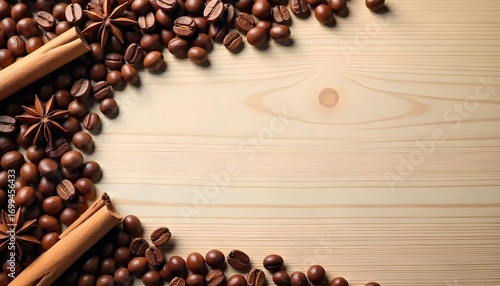 Wallpaper Mural Roasted coffee beans in a circular pattern on a wooden table, perfect for celebrating International Coffee Day Torontodigital.ca